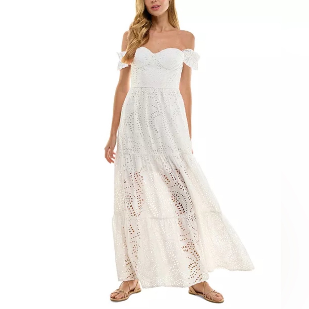 City Studio Juniors' Off-The-Shoulder Eyelet White Maxi Cotton Dress